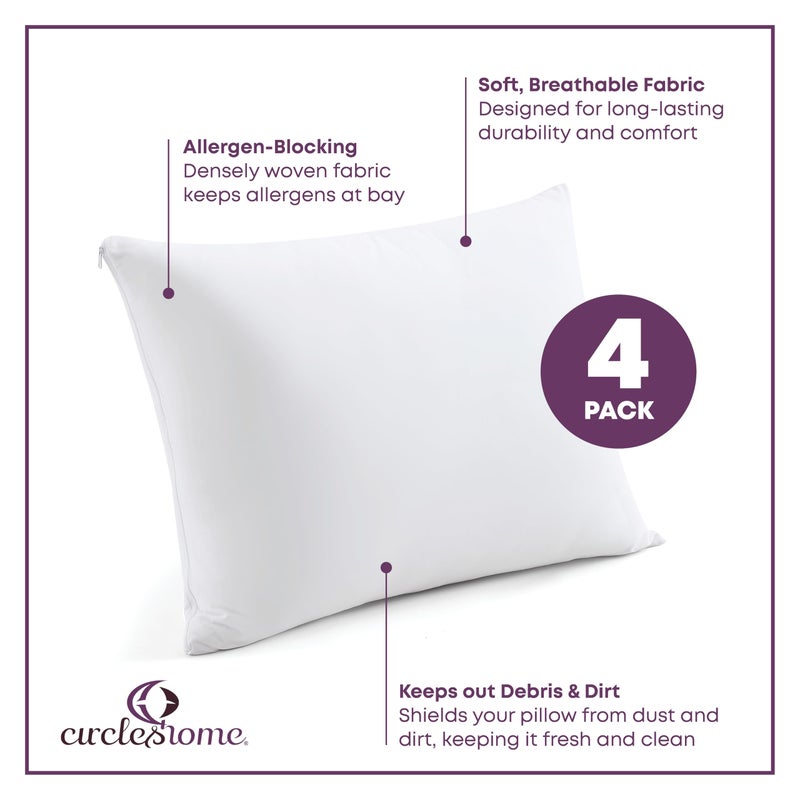 CirclesHome Pillow Protectors 4 Pack Queen Zippered - 100% Cotton Breathable Pillowcases - Protects Pillows from Dirt, Dust and Debris (Queen- Set of 4 - 20x30) - Image 2